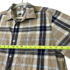 American Eagle Super Soft Plaid Button Down Shirt Mens Large Tan Navy Blue L/G/G