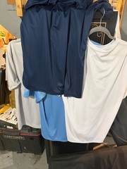 A4 100% polyester shirts. YS, YM, S, M, L, XL in all colors. 2XL only light blue