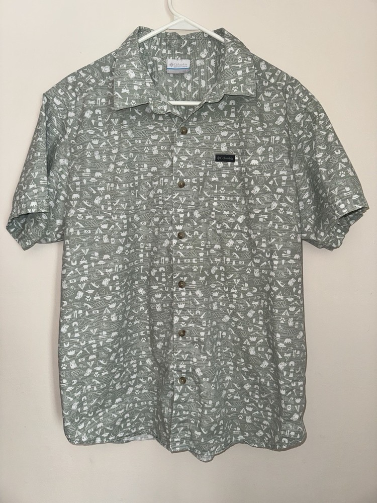 Columbia Outdoor Camping Print Button Front Shirt Men’s Large 100% Cotton Green