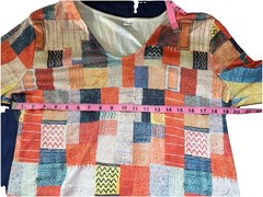 Artistic Patchwork Abstract Print Long Sleeve V-Neck Top Women’s Large Geometric