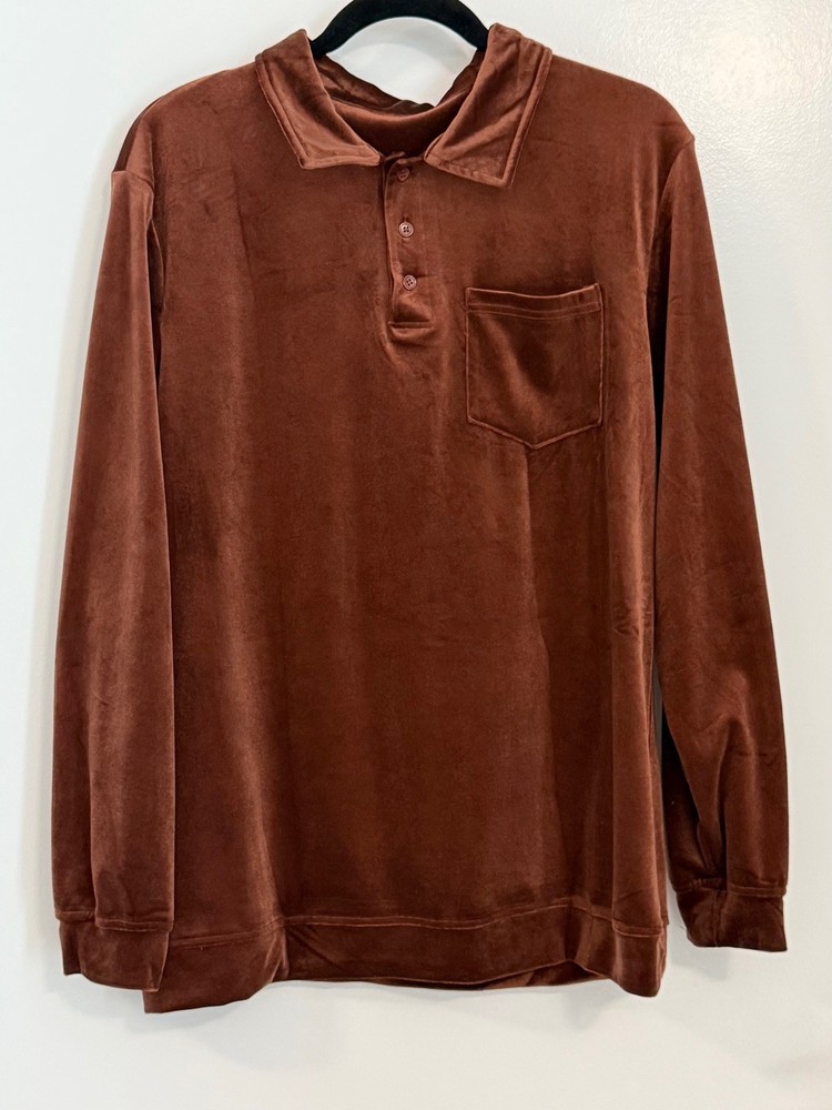 Men’s Medium Velour Long-Sleeve Pullover-Pocket-ButtonDown Neck/Collar Brown