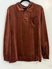 Men’s Medium Velour Long-Sleeve Pullover-Pocket-ButtonDown Neck/Collar Brown
