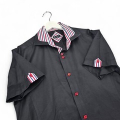 Bespoke Brand Mens L Button Up S/S Solid Black w/Contrasting Trim Made in Turkey