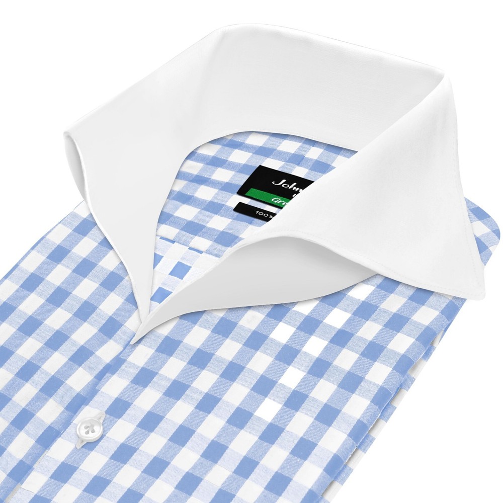 High Collar Open Cutaway Buttonless Collar Blue Gingham Checks Mens Party Outfit