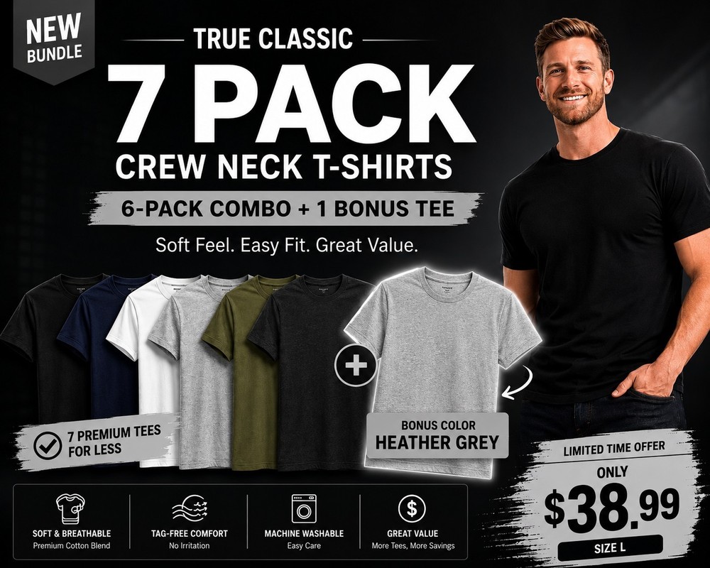 🔥 True Classic 7-Pack Crew Neck T-Shirts | Size L | + Bonus H.Grey Tee