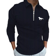 100% Polyester Fiber Zipper Striped Long Sleeved Polo Shirt Light Mature and Fas