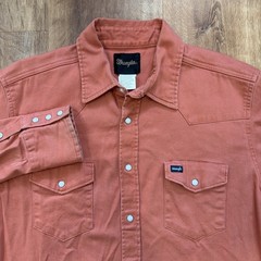 Wrangler Pearl Snap Shirt Mens L Hot Sauce Burnt Orange Coral Twill Western