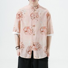 Chinese Men Top Shirt Frog Button Tang Suit Dragon Printed Tai Chi Retro Summer