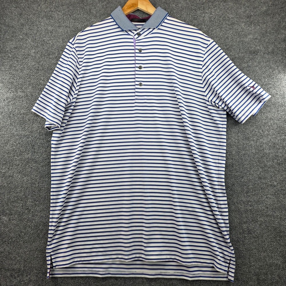 Greyson Mens XL Striped Performance Polo Shirt Blue Purple White Short Sleeve