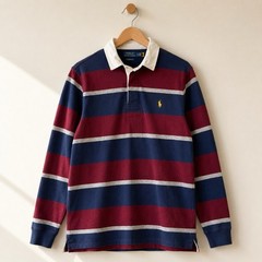 Polo Ralph Lauren Rugby Shirt Long Sleeve Burgundy Navy Blue Stripe Size Medium