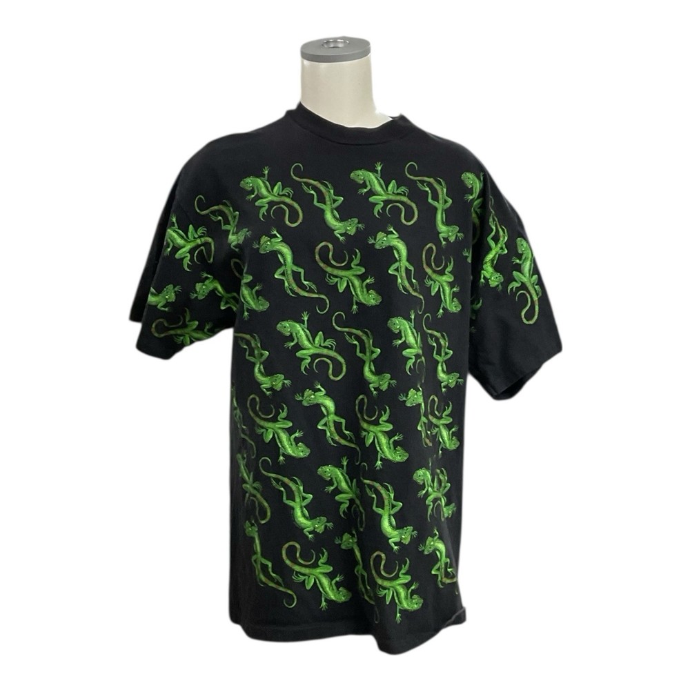 Vtg 90s All Over Print Iguana Lizard T Shirt sz L USA Single Stitch Reptiles