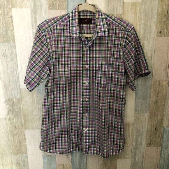 Toscano Designed by Patrick Assaraf Shirt Men’s size M Blue Violet Plaid