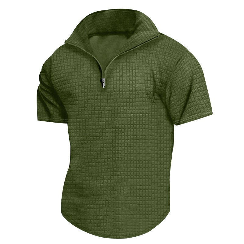 Solid color zip-up small checkered summer breathable Polo shirt men’s T-shirt