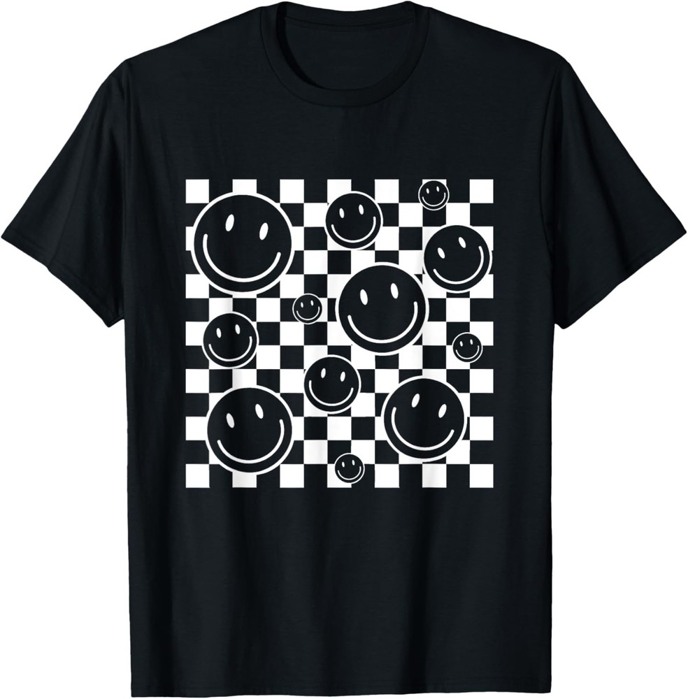 Retro Happy Face Checkered Flag Pattern For Women Men Kids T-Shirt