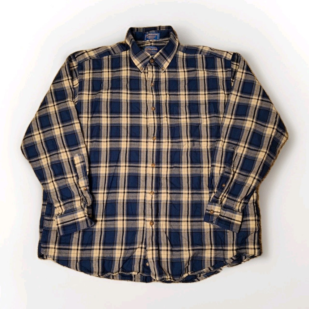 VTG Sir Pendleton Blue Plaid Wool Button Up Shirt Lightweight USA Fabric Size XL