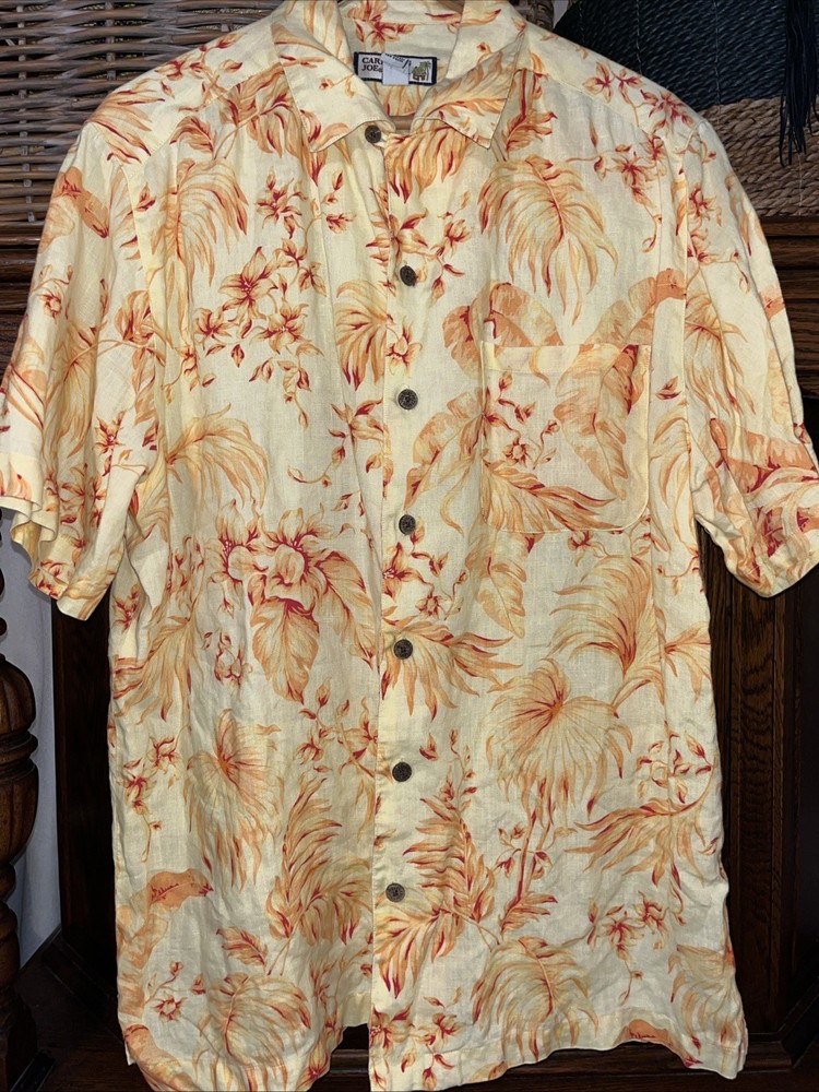 Caribbean Joe Men’s Size Medium 100% Linen Hawaiin Shirt Yellow Orange