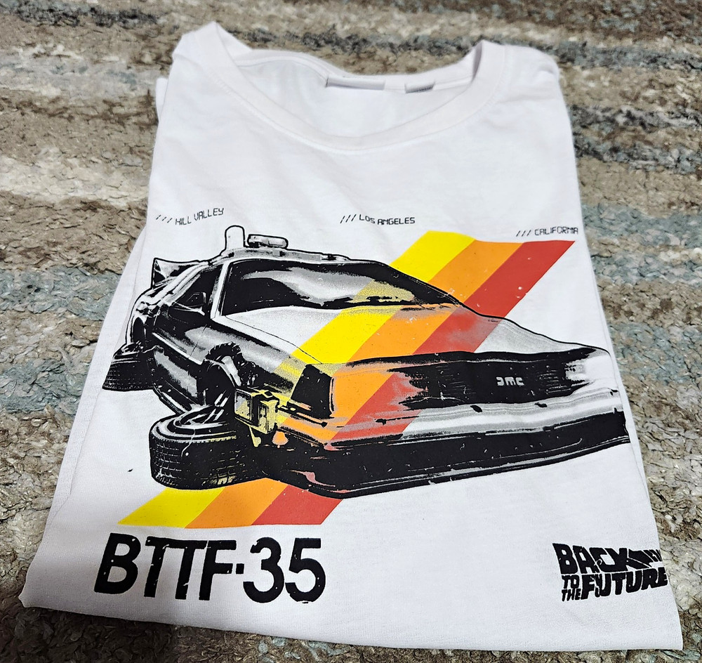 Back to the Future Men’s White DeLorean Graphic Cotton Knit Crew Neck T-Shirt M