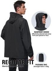 Packable Waterproof Rain Jacket with Hood for Golf, Cycling, Running – Black XL