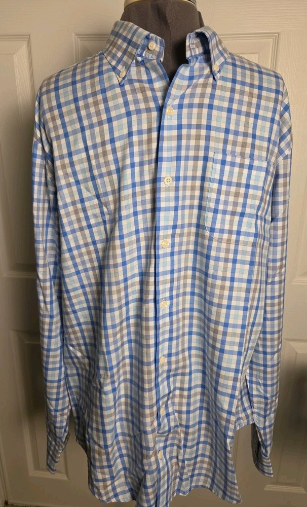 Peter Millar Blue Grey Gingham Large Check Button Down Shirt Mens Large EUC