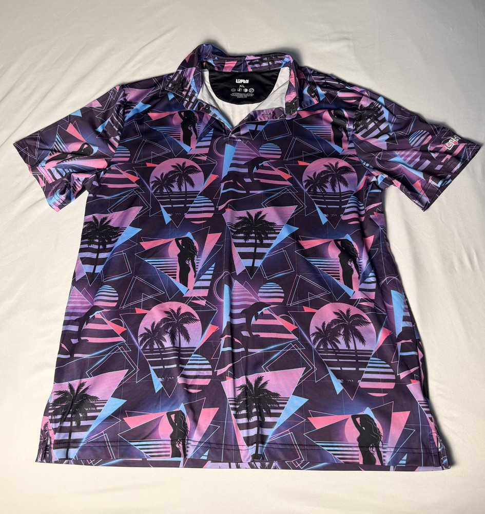 Lofty Llama Miami Slice Performance Polo Shirt Men’s XL Retro Vaporwave Golf