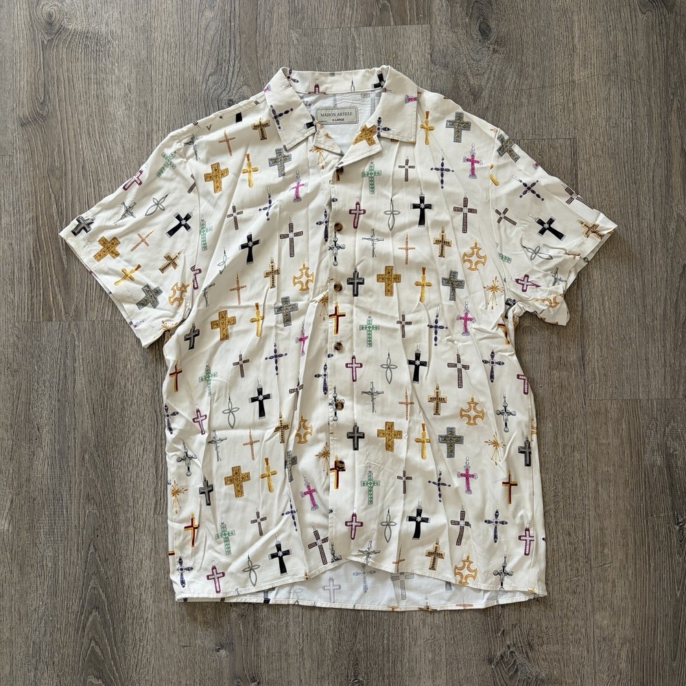 MAISON ARTICLE Button Down Shirt AOP Religious Cross Pendant Men’s XL