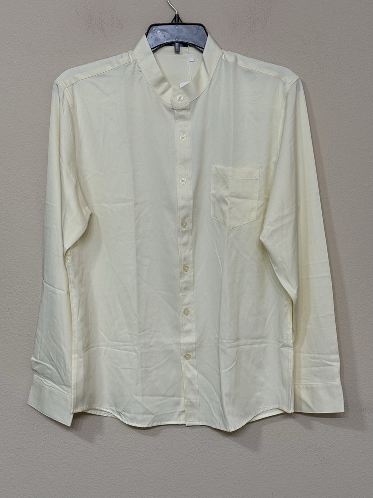 Zeroyaa Men’s Pale Yellow Button Down Long Sleeve Lightweight Comfort Shirt L