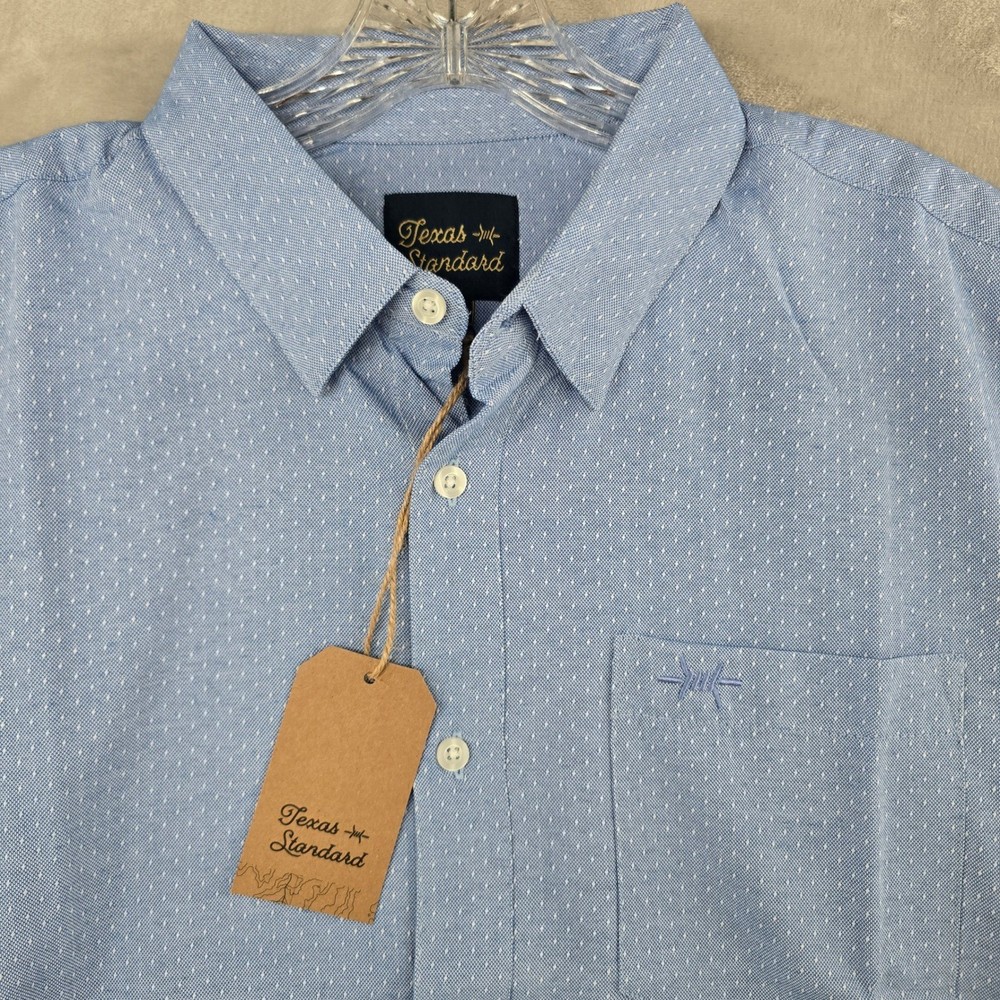 Texas Standard Button Down Men Large Blue Dotted Short Sleeve Bamboo Blend Shirt