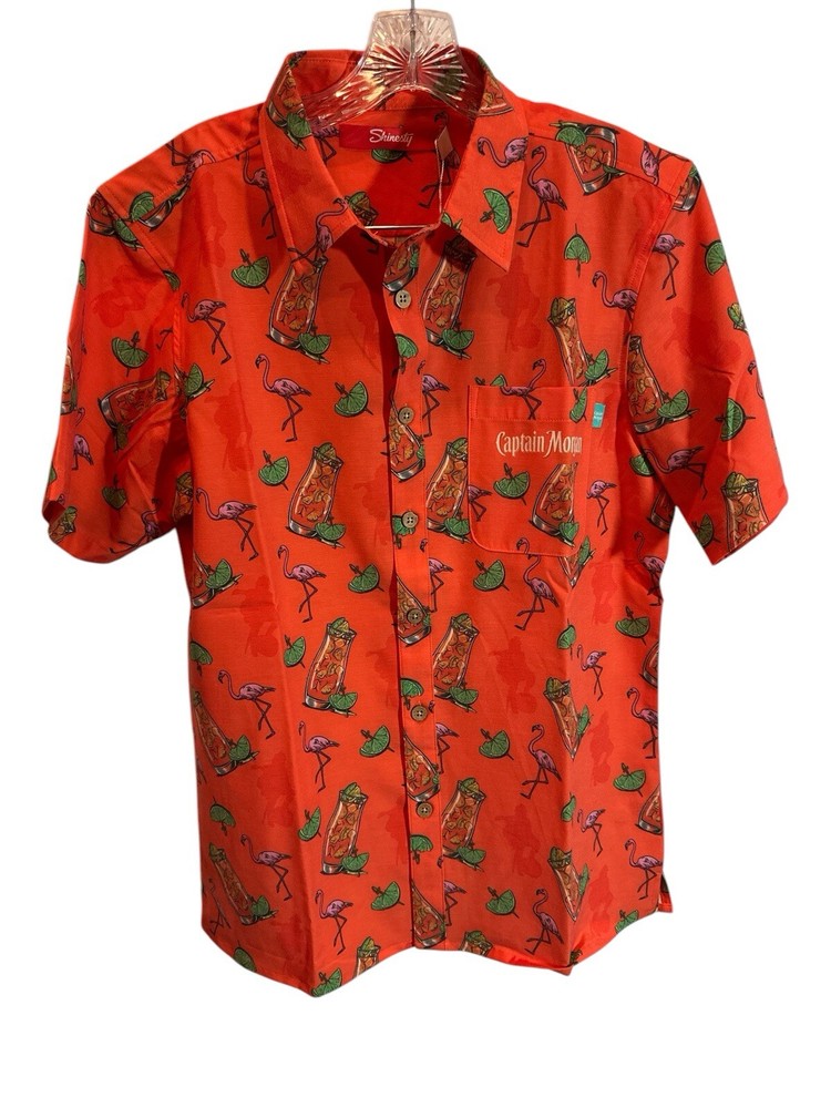 Shinesty Orange Captain Morgan Cocktail Flamingo Party Button Up Mens Med NWT