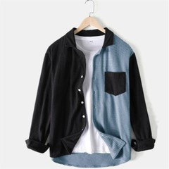 Men Corduroy Shirt Jacket Patchwork Asymmetrical Collar Blouse Relaxed Fit