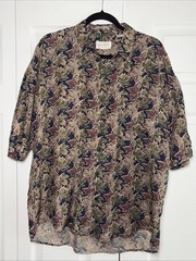 Summa Silk Leaf Print Button Down Mens Size L Navy Green Vintage 90s Silk Shirt