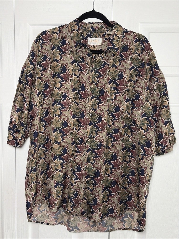 Summa Silk Leaf Print Button Down Mens Size L Navy Green Vintage 90s Silk Shirt