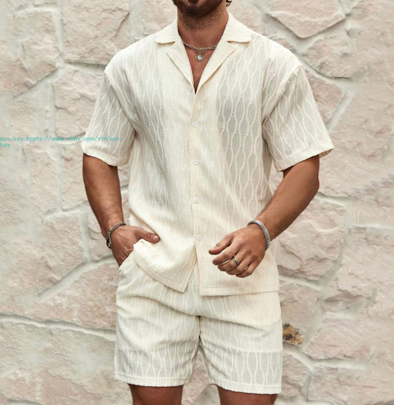 Men 2 Pcs Casual Button Down Shirt+Shorts Set Summer Vacation Beach Outfits Sets