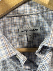 Peter Millar Mens Medium Button Down Shirt Blue Tan Plaid Stretch Performance