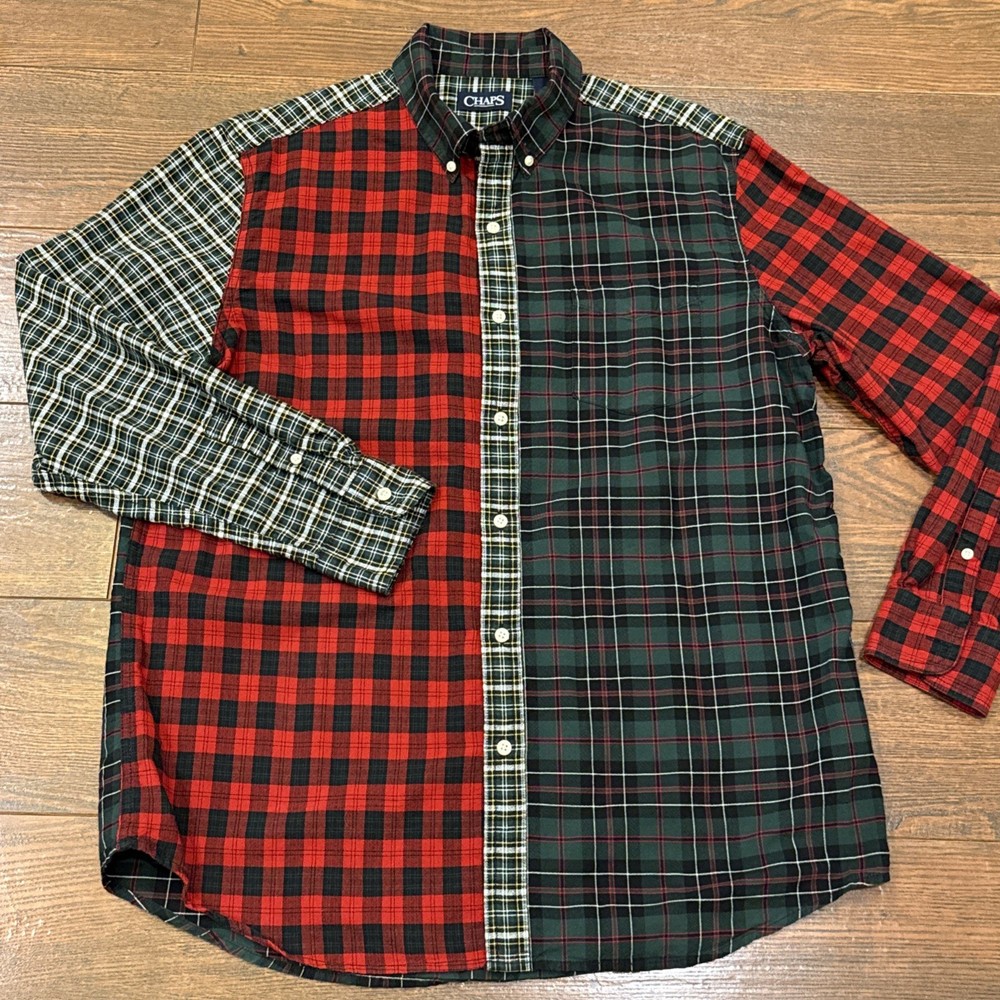 Chaps Multi-Plaid Colorblock Patchwork Shirt Men’s L Red Green Black Christmas