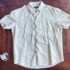 John Henry Button Down Mens Large Beige Ramie Cotton Short Sleeve Two Pocket
