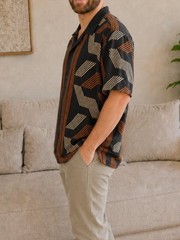 Express Men Black Rust Geometric Summer Resort Wear Button Down Shirt Size M