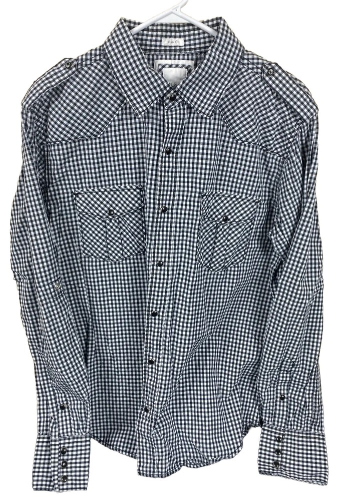 BKE Buckle Western Shirt Mens Size L Black Plaid Long Sleeve Pearl Snap Cowboy