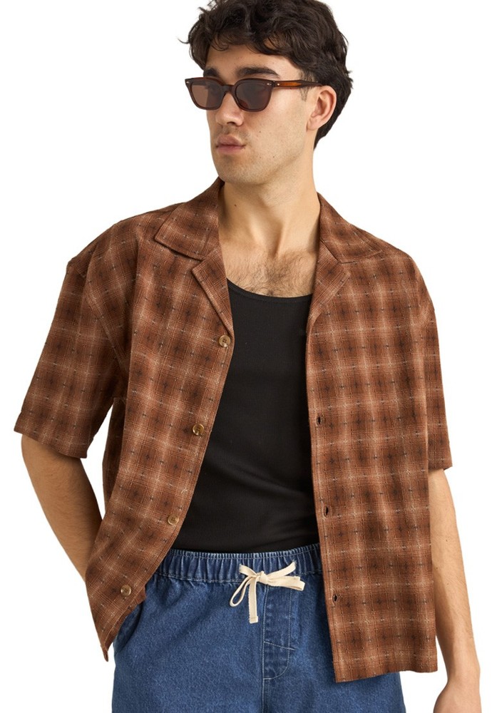 Rhythm Relaxed Shadow Check SS Button Down Shirt – Rust – New