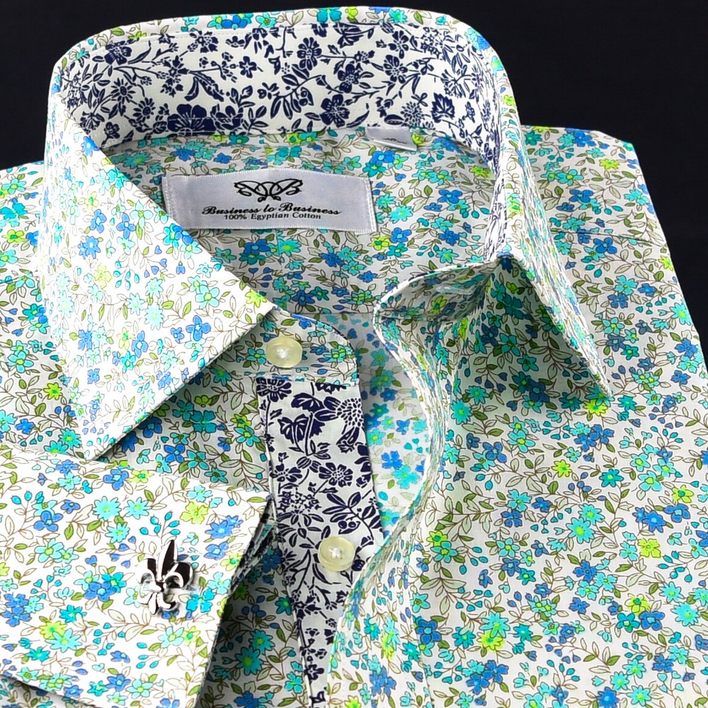 Fancy Designed Green Daisy Print Fabric Dress Shirt French Cuff For Holiday Wear