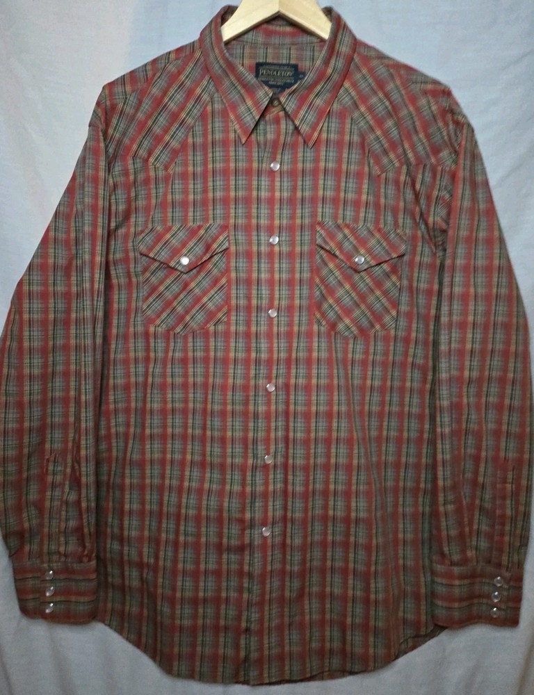 Pendleton Woolen Mills Red and Brown Plaid Pearl Snap Western Shirt Size XL