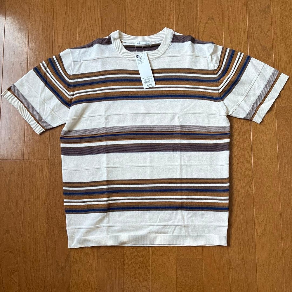 GU Washable Multi-Border Sweater Half Sleeve OFF WHITE S
