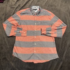 Tommy Hilfiger Button Down Stripe Heathered Blue/Red Logo Tshirt Size L 10/17
