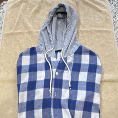 Blue Gray Plaid Hooded Button-Up Shirt 2XL Woven Polyester Cotton Long Sleeve