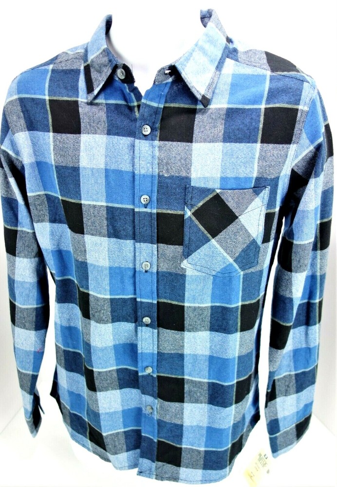 Small Rustic Blue Durable Goods Plaid Flannel Button Front Shirt Black Blue Gray