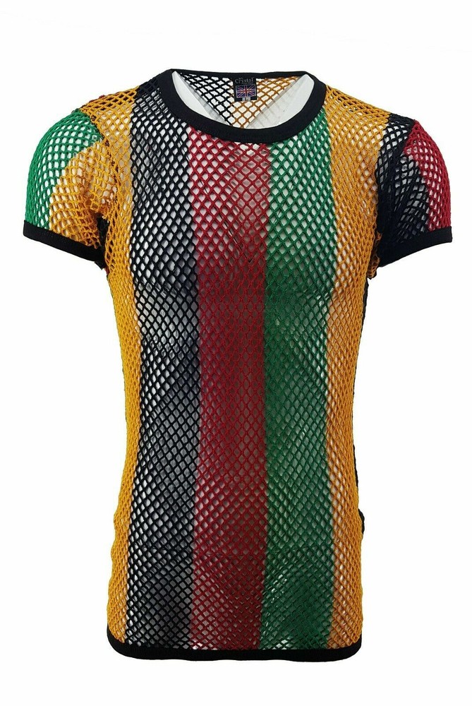 CRYSTAL MEN Rasta STRING MESH 100% COTTON MESH FISHNET SHORT SLEEVE T-SHIRT TOP