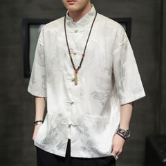 Men Chinese Tang Suit Shirt Half Sleeve Frog Button Dragon Printed Stand Collar