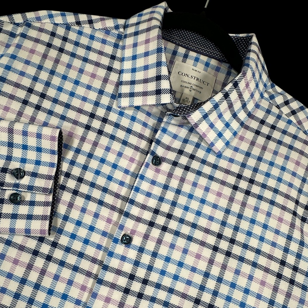 CON.STRUCT Button Front Shirt Mens XL White Blue Plaid Slim Fit 4-Way Stretch