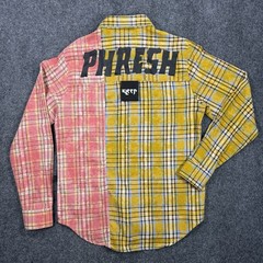 Kleep Split Plaid Flannel Shirt Men’s Medium Pink Yellow Patchwork Graphic