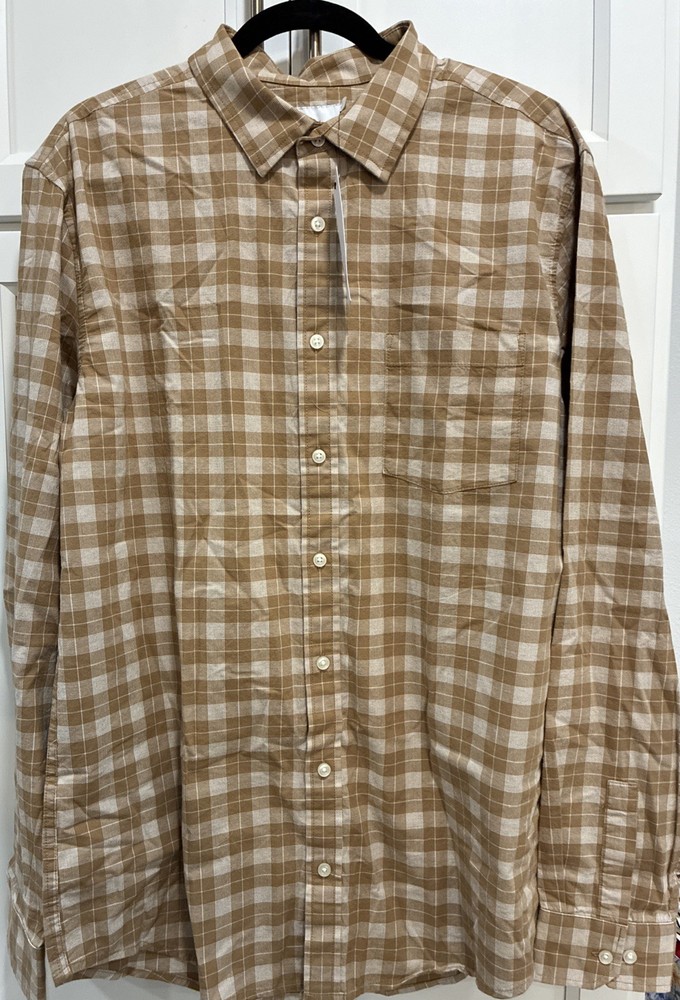 NWT Goodfellow & Co Mens Brown Plaid Every Wear Poplin Button Up Shirt Sz L Tall