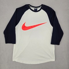 Nike Mens Large Raglan Baseball Tee Swoosh Sporty Streetwear Cream Navy 3961